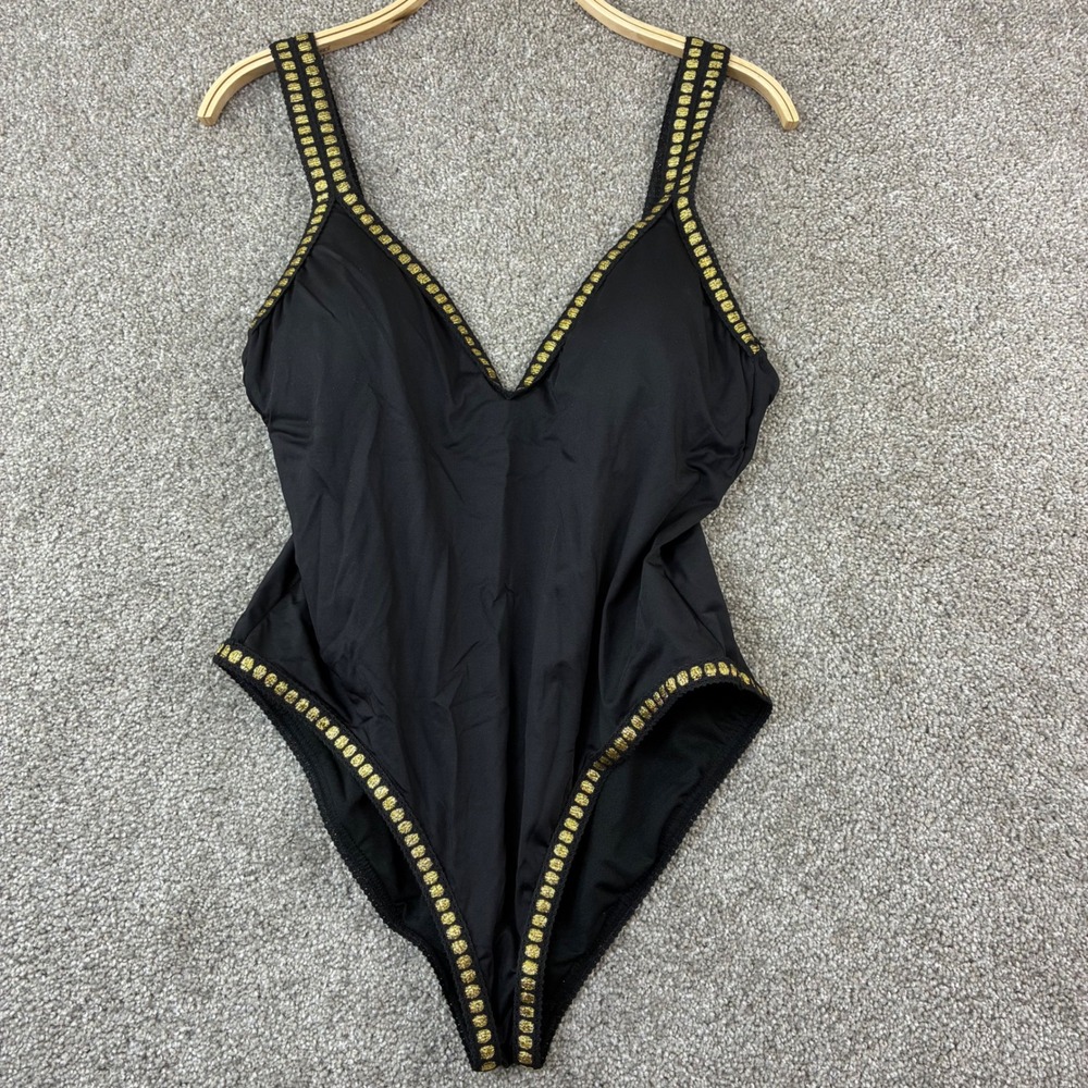 Gibson Latimer One Piece Swimsuit Size L Black Gold Trim Resortwear Vacation - Picture 2 of 8